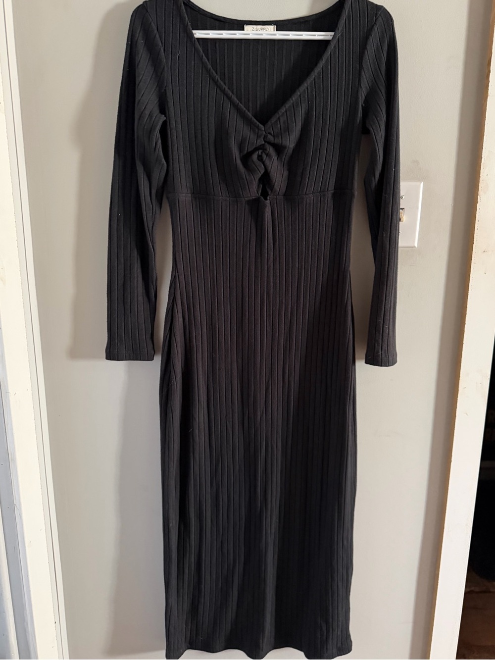 Z Supply Black Ribbed Long Sleeve Knot-Front Midi Dress